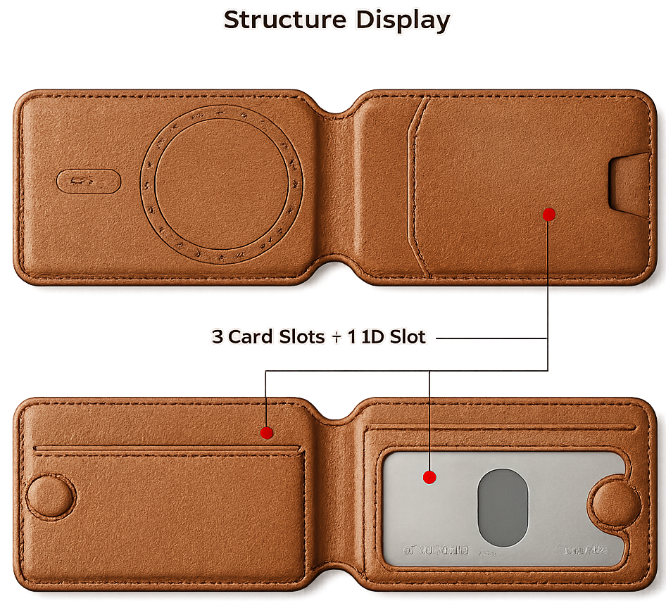 Brown leather wallet with card slots labeled on a white background