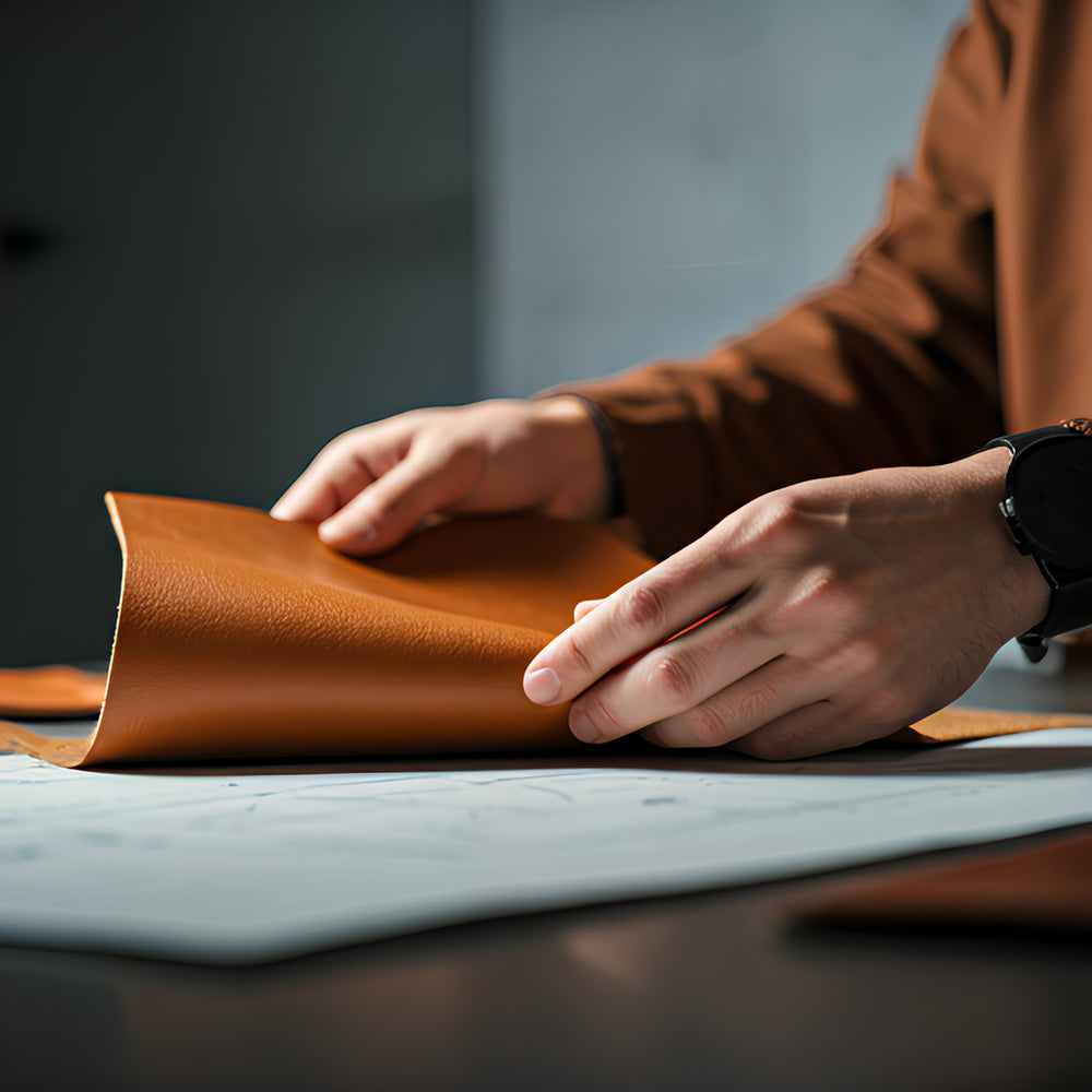 Ultra-realistic close-up photo of hands examining premium leather material on a clean work desk with faint sketches in the background