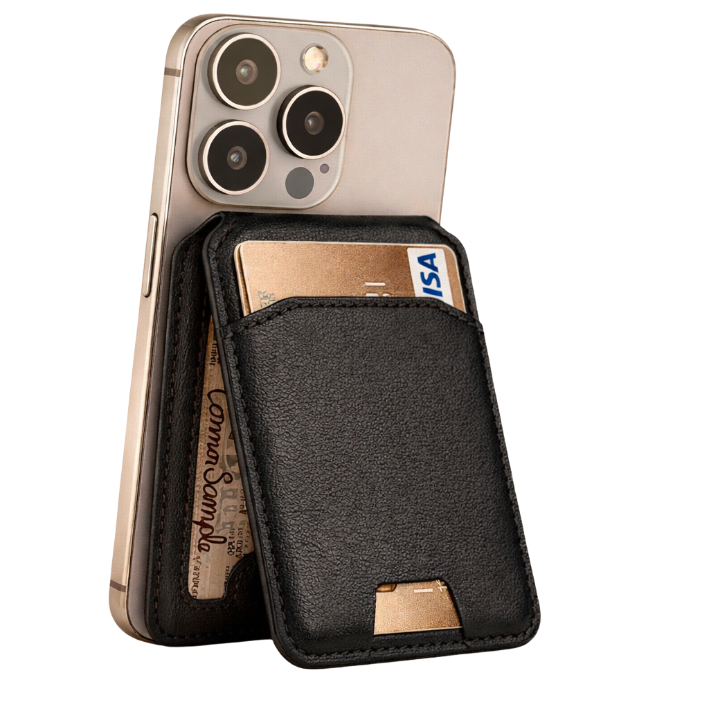 Phone case with orange back and Jet Black card holder on a white background