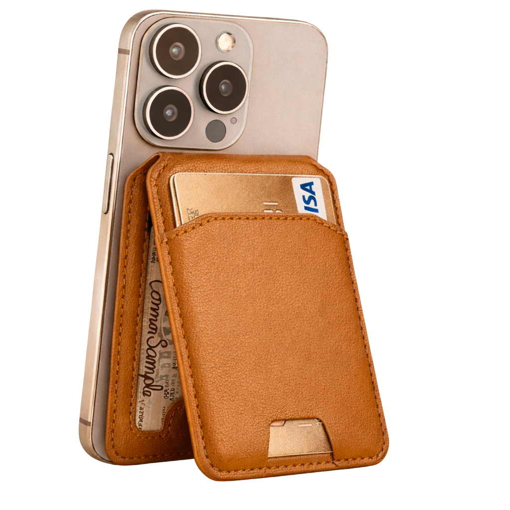 Phone case with orange back and Rust Brown cardholder on a white background