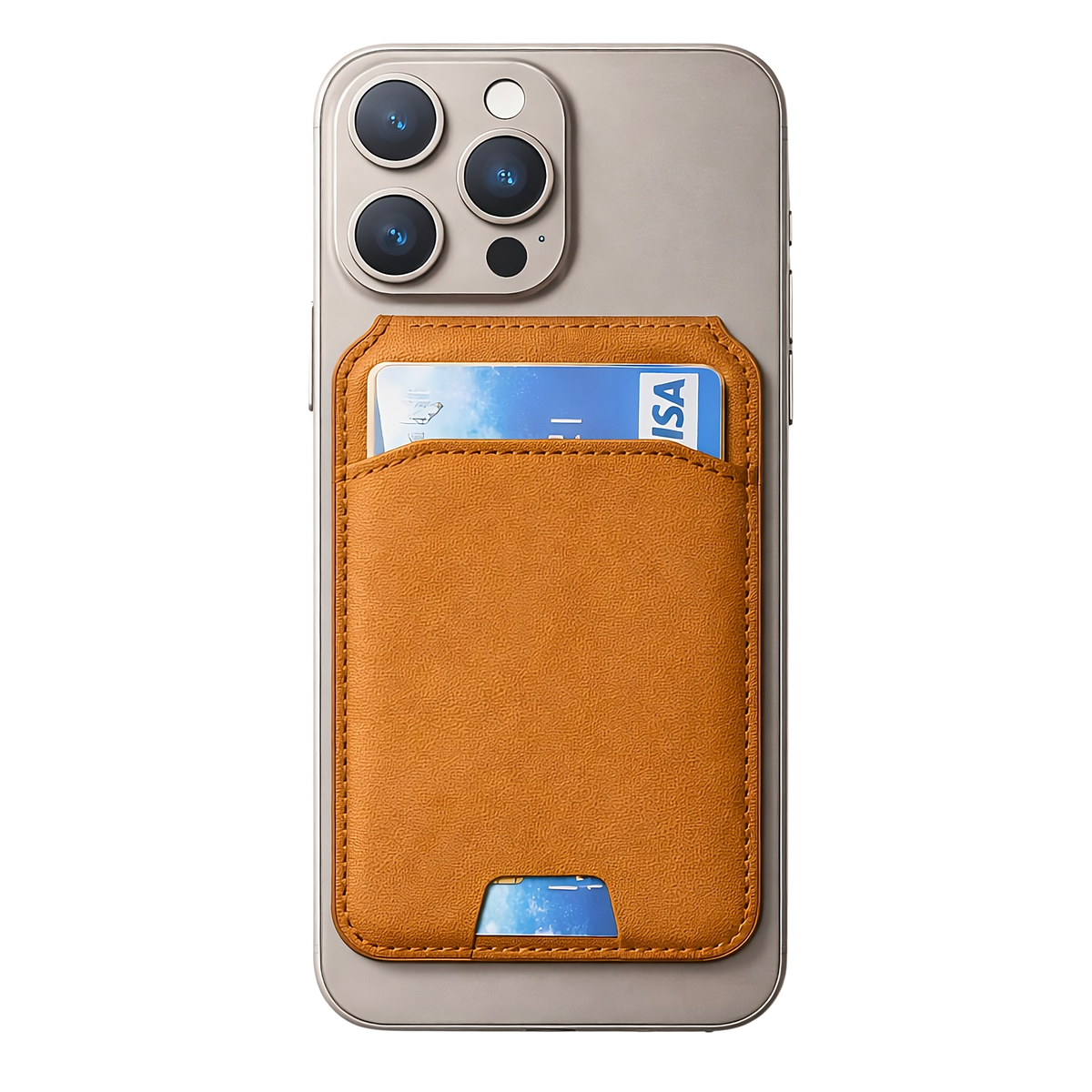 Phone case with orange back and Rust Brown cardholder on a white background