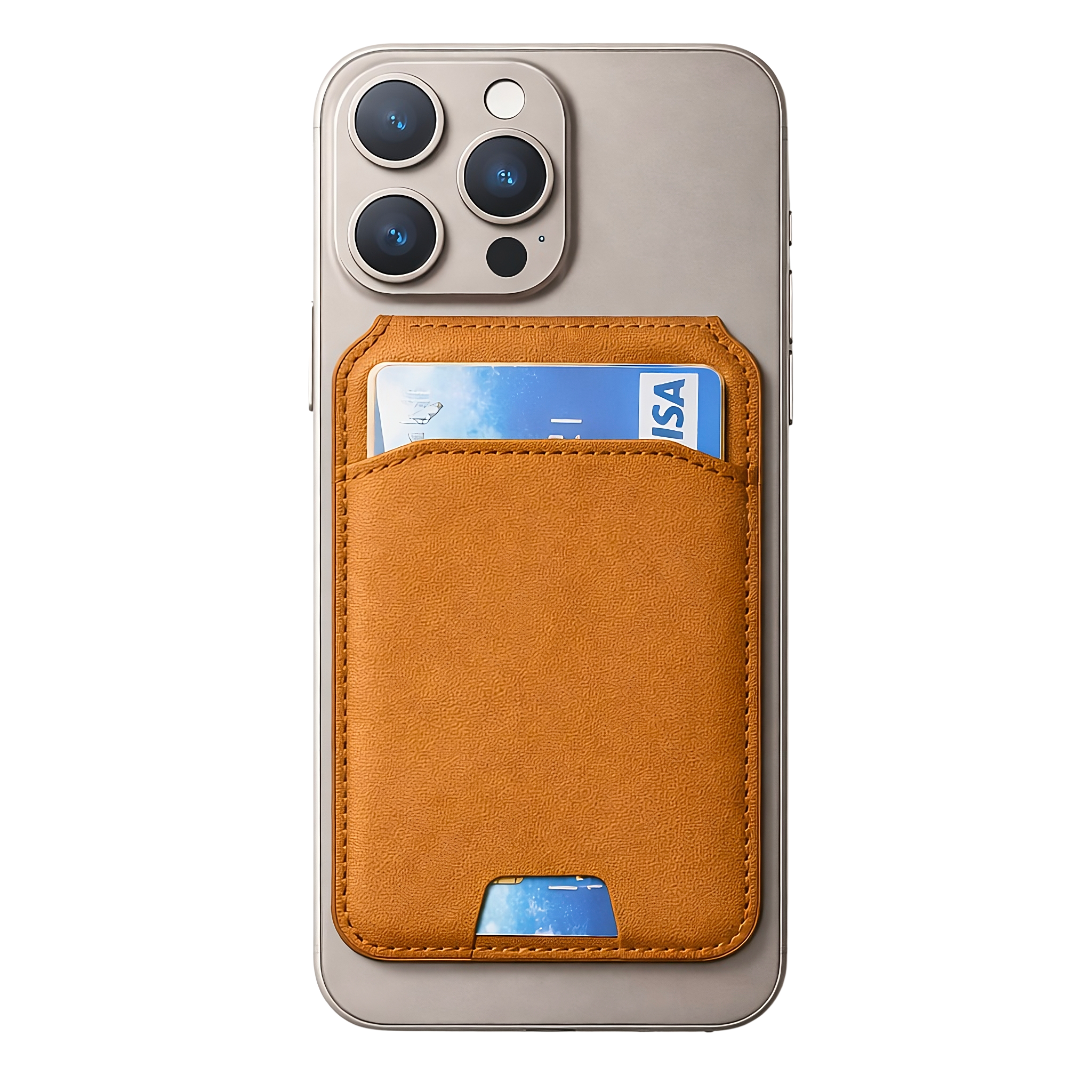 Phone case with orange back and Rust Brown cardholder on a white background