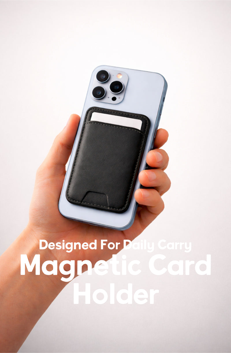 Black minimal magnetic card holder attached to a phone