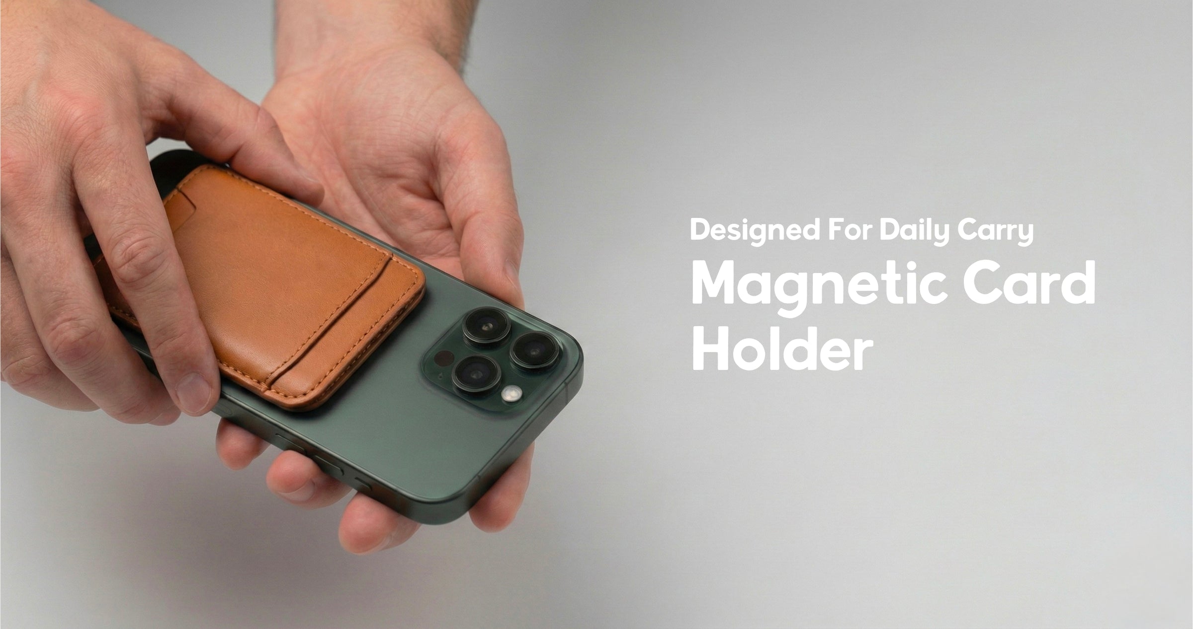 Brown minimal magnetic card holder attached to a phone